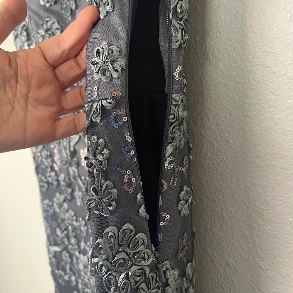 Sue Wong Nocturne Size 8 Short Sleeve Sheath Silver Sequin Cocktail Dress - Picture 9 of 13